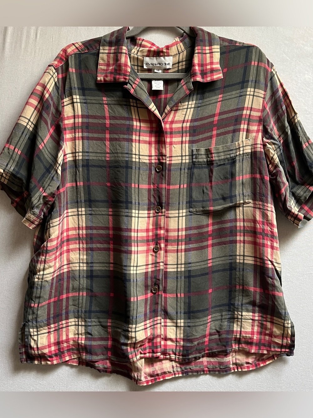 Evan Picone Plaid Silk Short Sleeve Button Down Blouse Size 14